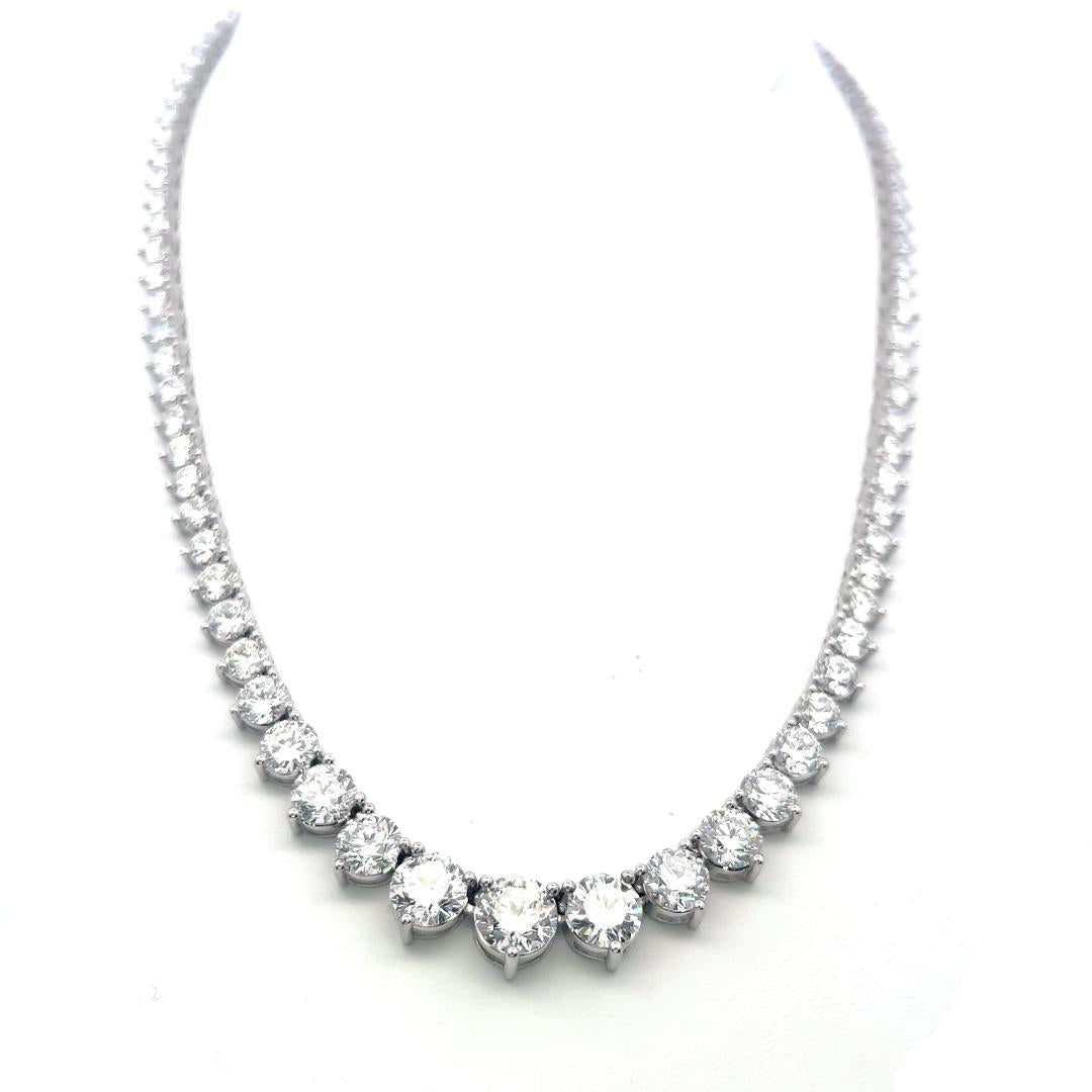 Vintage 18K White Gold Riviera Necklace with 31.68 Carat Round Diamonds GIA
