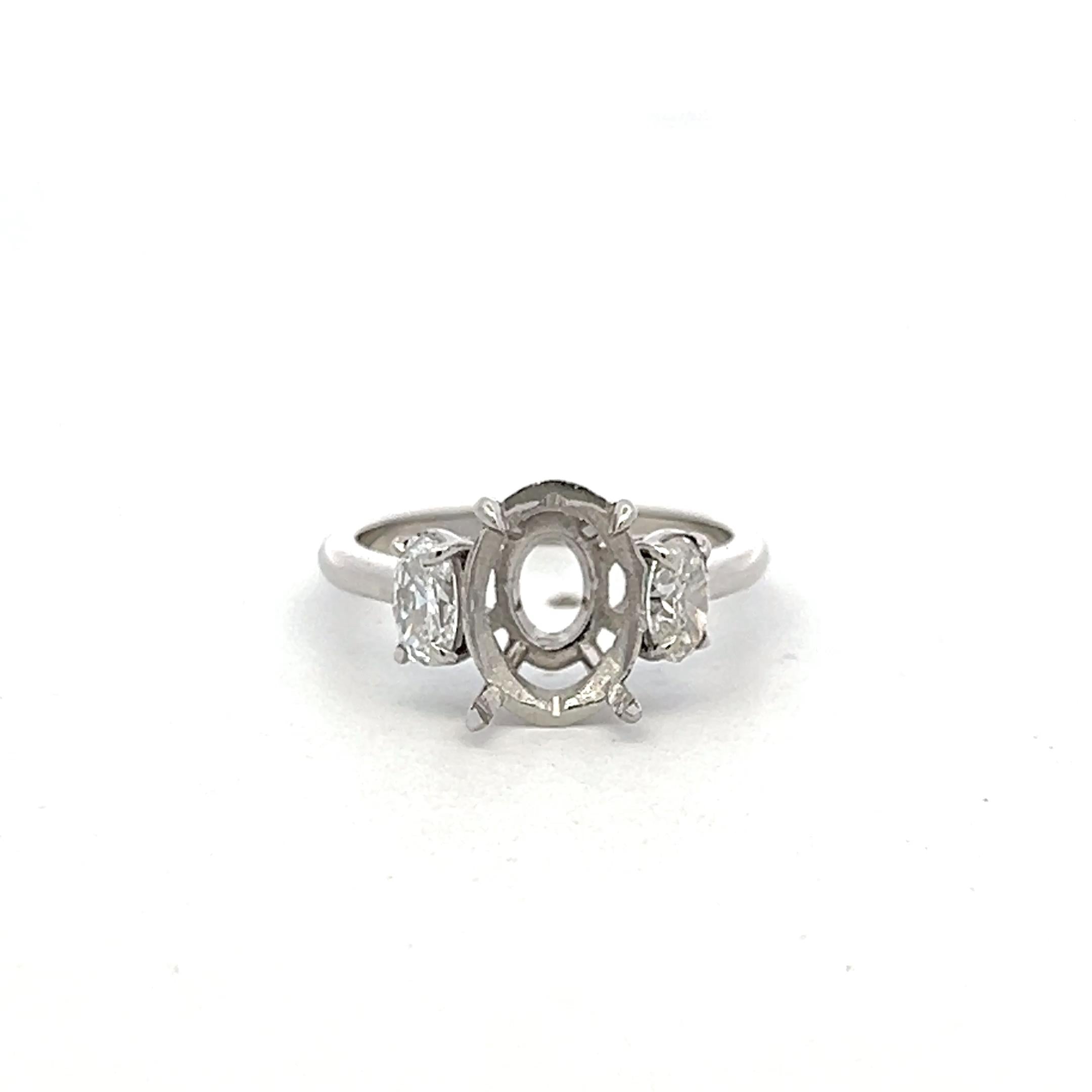 Platinum Semi Mount Ring with 0.6 Carat Oval Diamonds Fits 6.3x8.5 MM 1.5 ct+