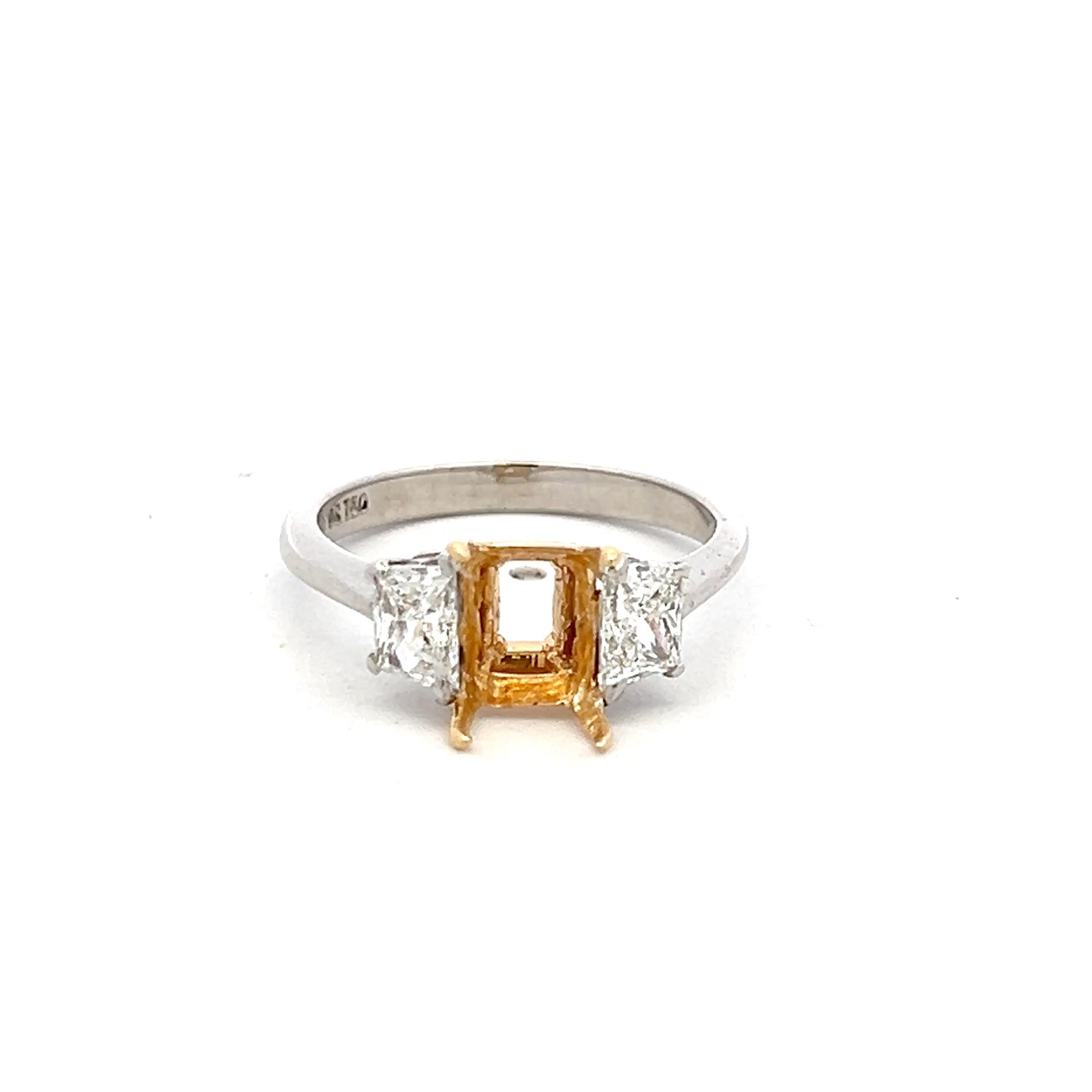 18K Two Tone Gold Semi Mount Ring with 0.77ct Trapezoid Diamonds Fits 5.6x7.6 MM