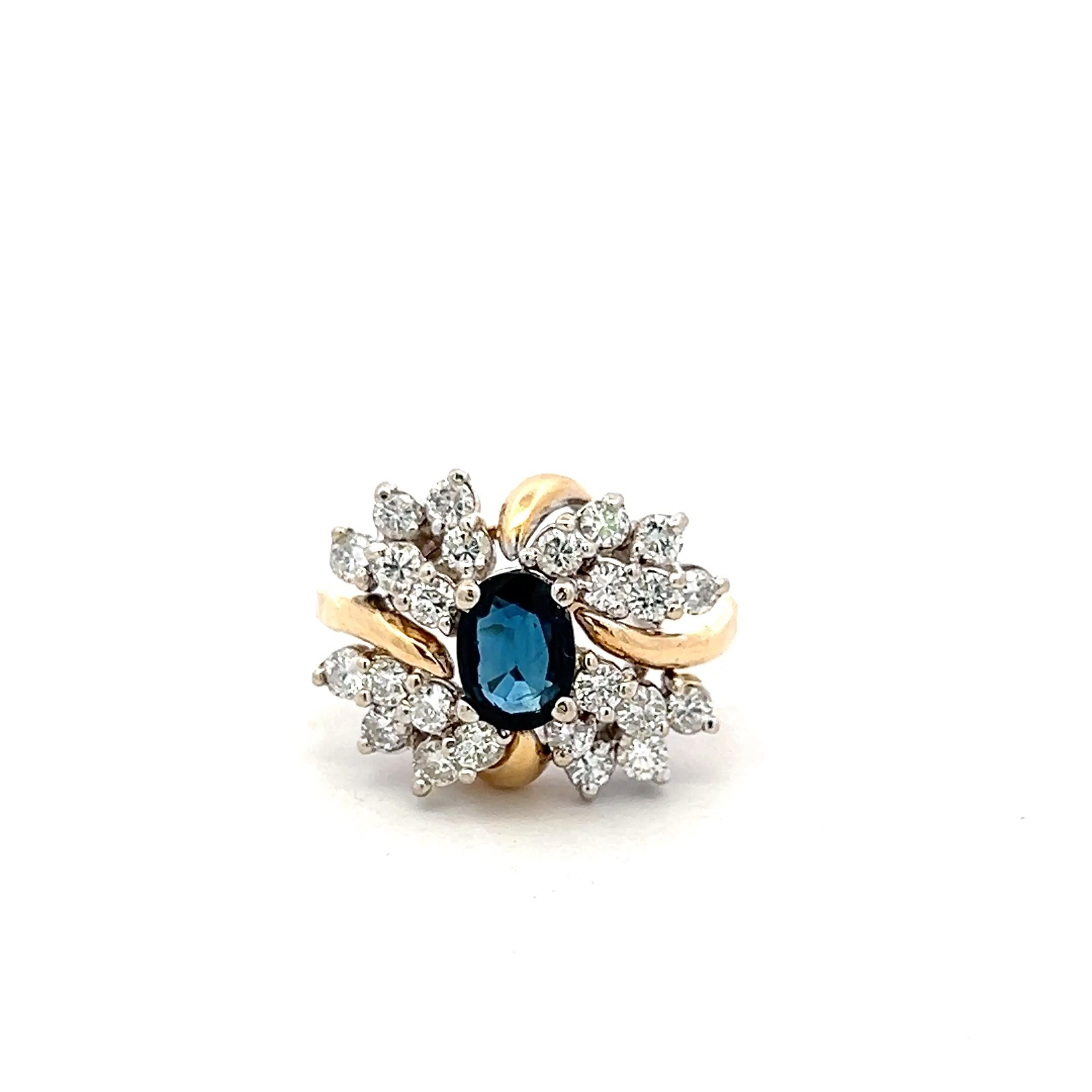 14K Two Tone Gold Cocktail Ring 0.84ct Round Diamonds & 0.75ct Sapphire Size 7.5