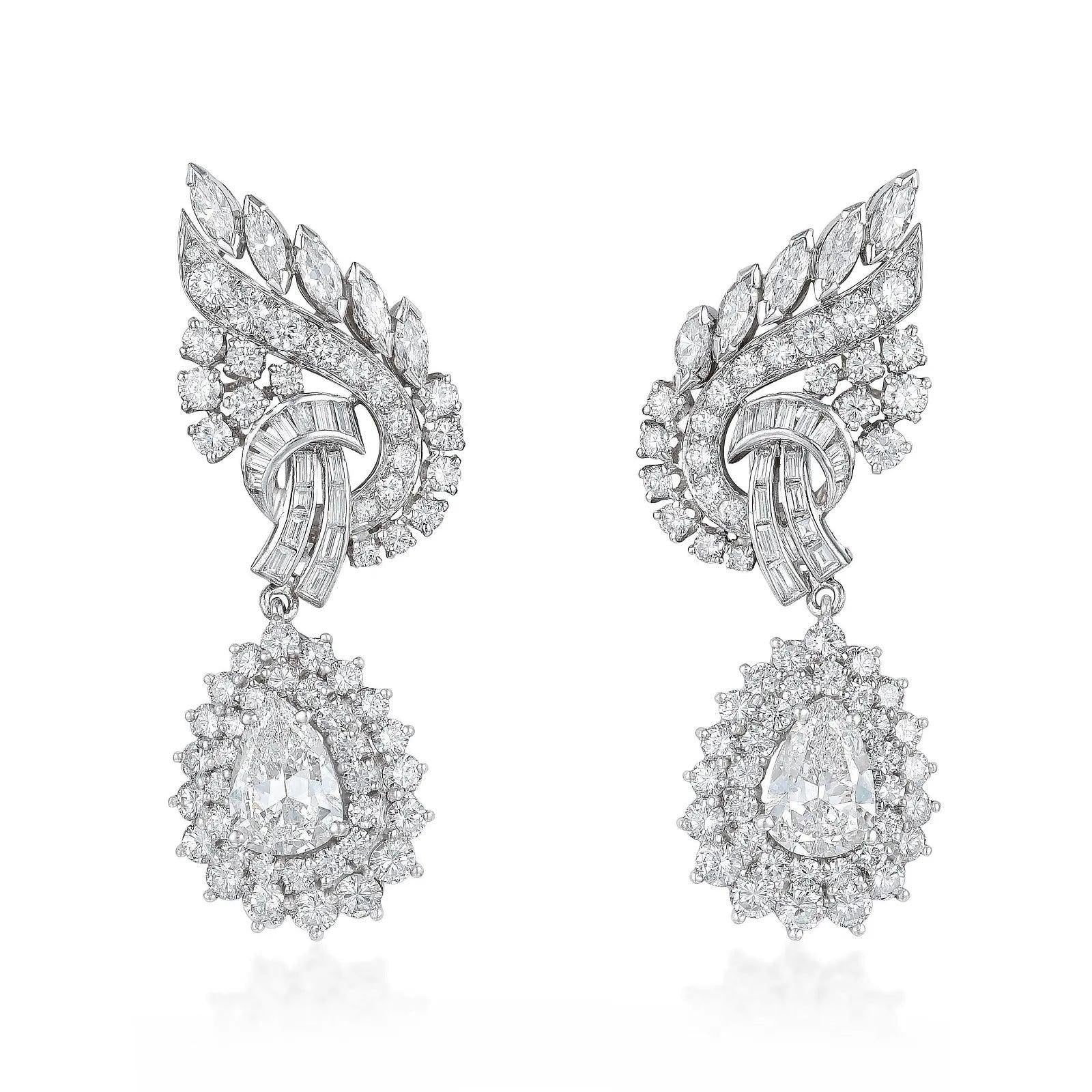 7.28 Carat G VS2 and Pear Shape H VS2 Diamond Platinum Clip On Earring