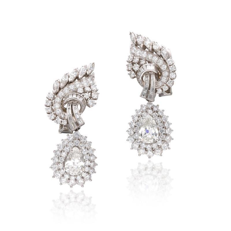 7.28 Carat G VS2 and Pear Shape H VS2 Diamond Platinum Clip On Earring