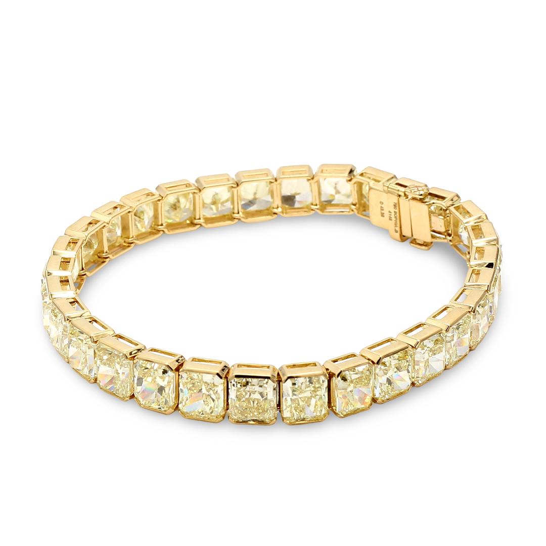 18K YG Tennis Bracelet with 43.35 Carat Radiant Cut Diamonds Fancy-lit GIA