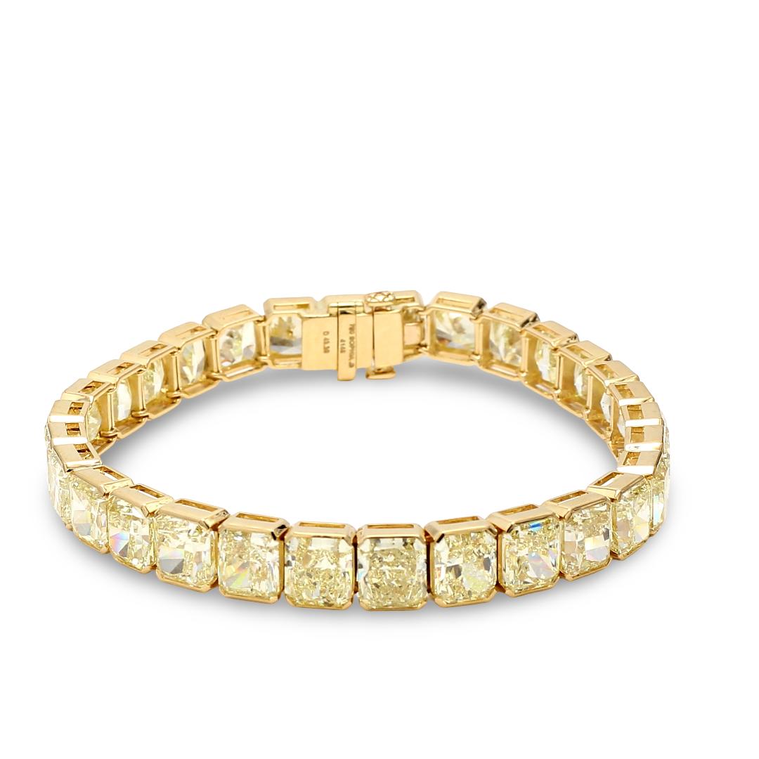 18K YG Tennis Bracelet with 43.35 Carat Radiant Cut Diamonds Fancy-lit GIA