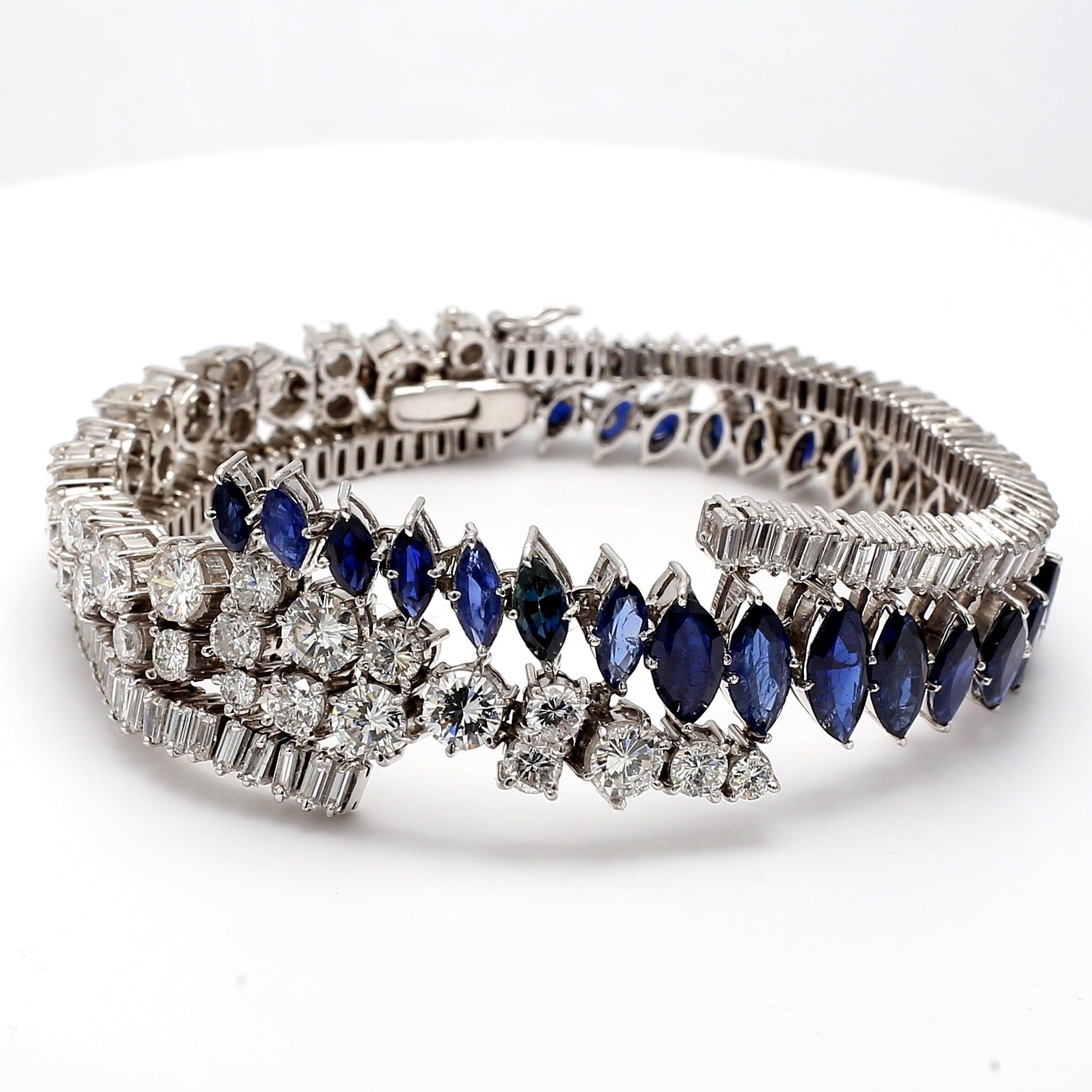 9.95 Carat Sapphire 9.00 Carat Baguette and Round Diamond Platinum Bracelet