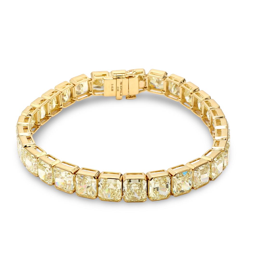 18K YG Tennis Bracelet with 43.35 Carat Radiant Cut Diamonds Fancy-lit GIA