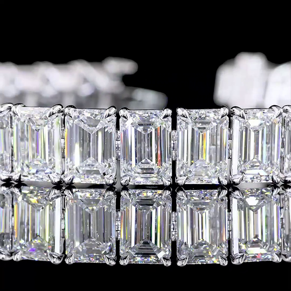 Lab-Grown 35.48 Carat Emerald E-VS1 Diamond 14K White Gold Tennis Bracelet