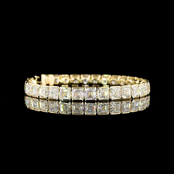 Lab-Grown 32.48 Carat Asscher F-VS2 Diamond 14K Yellow Gold Tennis Bracelet