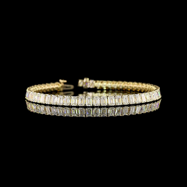 Lab-Grown 11.73 Carat Emerald F-VS1 Diamond 14K Yellow Gold Tennis Bracelet