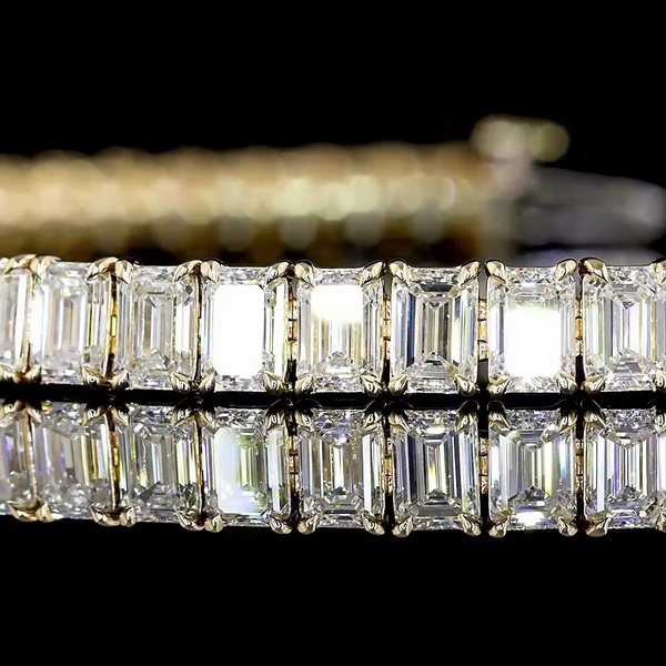 Lab-Grown 11.73 Carat Emerald F-VS1 Diamond 14K Yellow Gold Tennis Bracelet