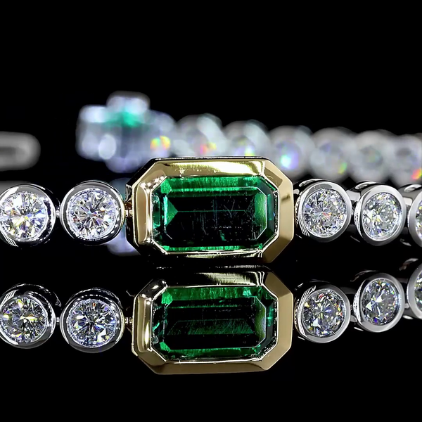 Lab-Grown 5.23 Carat Emerald - Diamond 14K Two Tone Station Line Tennis Bracelet