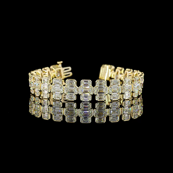 Lab-Grown 26.1 Carat Emerald E-VS Diamond 14K Yellow Gold Station Line Tennis Br