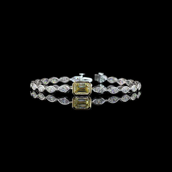 Lab-Grown 6.09 Carat Emerald Fancy Vivid Yellow-VS1 Diamond 14K Two Tone Tennis 