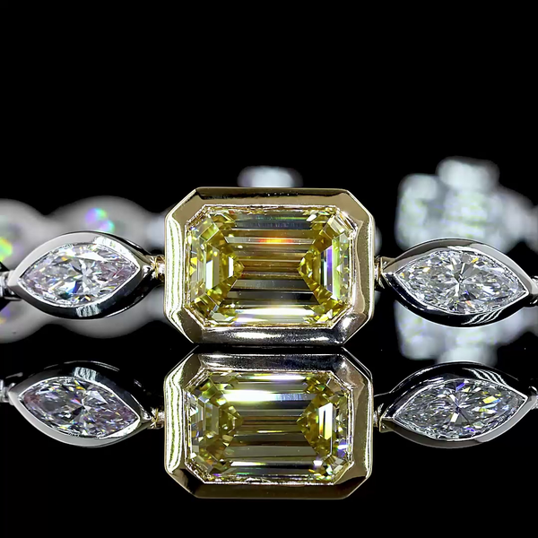 Lab-Grown 6.09 Carat Emerald Fancy Vivid Yellow-VS1 Diamond 14K Two Tone Tennis 