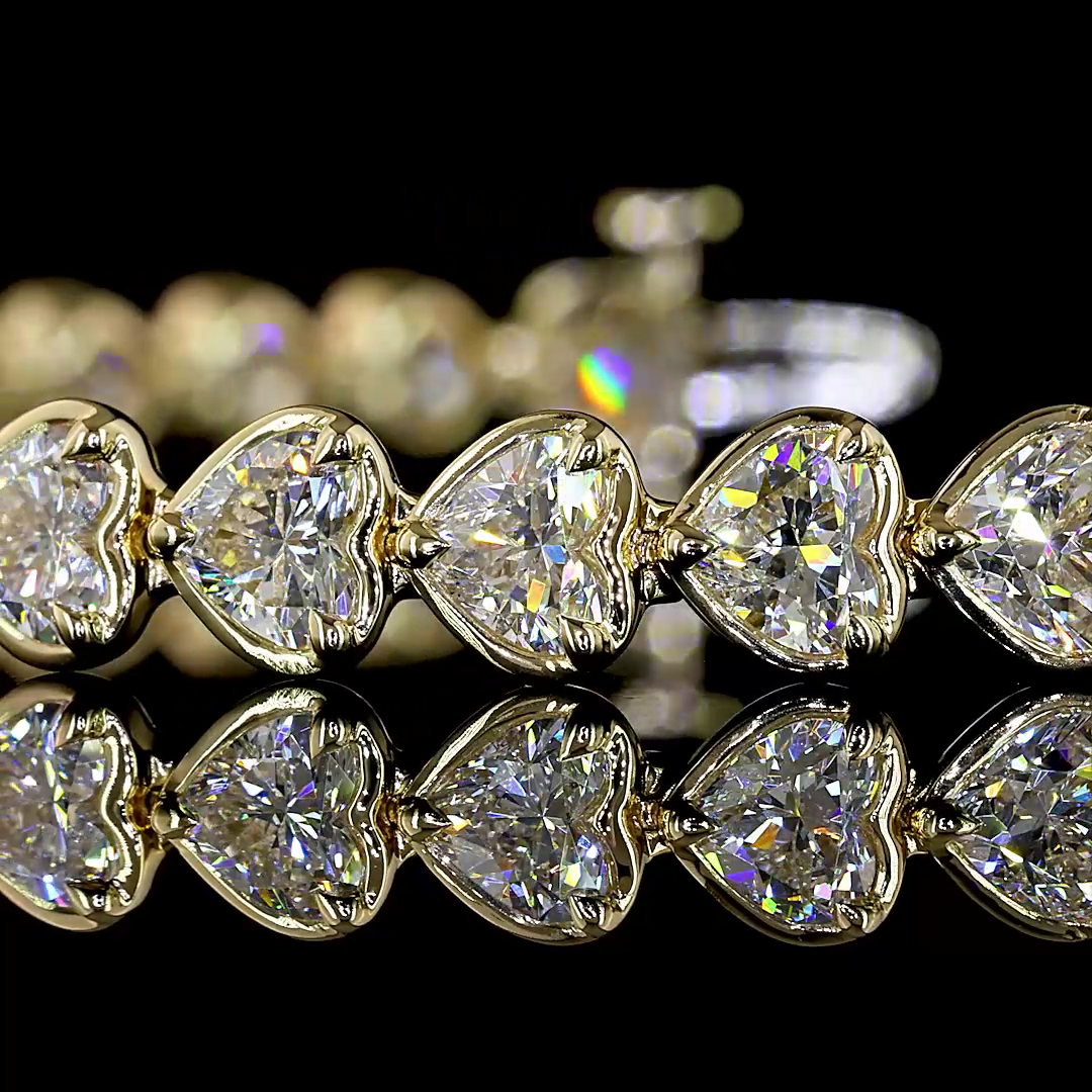 Lab-Grown 8.45 Carat Heart E-VS1 Diamond 14K Yellow Gold Tennis Bracelet