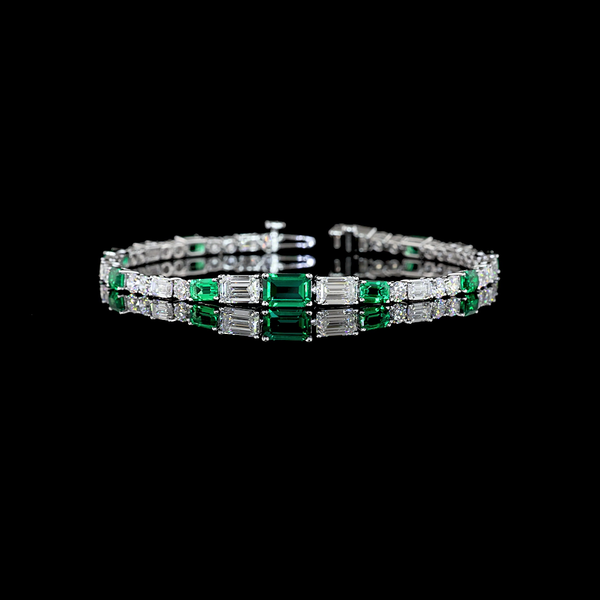 Lab-Grown 5.83 Carat Emerald E-VS Diamond 14K Two Tone Riviera Bracelet