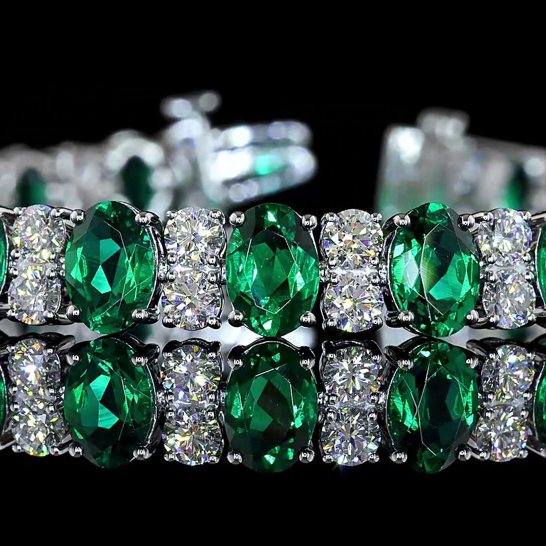 Lab-Grown 4.74 Carat Oval Green Emerald-VS Diamond 14K WG Tennis Bracelet