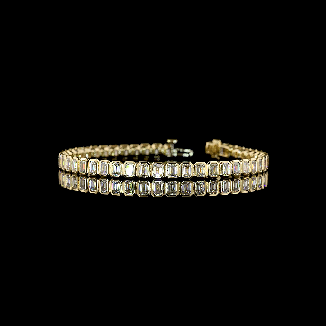 Lab-Grown 7.58 Carat Emerald E-F-VS+ Diamond 14K Yellow Gold Tennis Bracelet