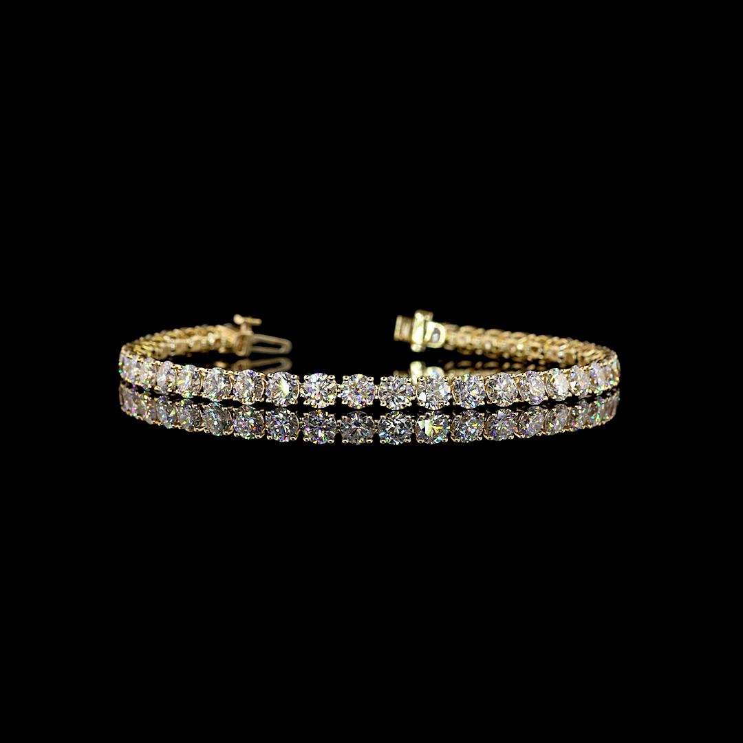 Lab-Grown 9.28 Carat Round E-F-VS1 Diamond 14K Yellow Gold Tennis Bracelet