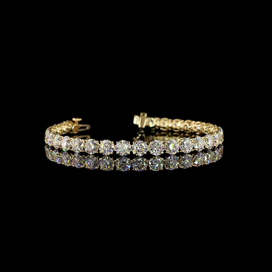 Lab-Grown 17.53 Carat Round E-F-VS1 Diamond 14K Yellow Gold Tennis Bracelet