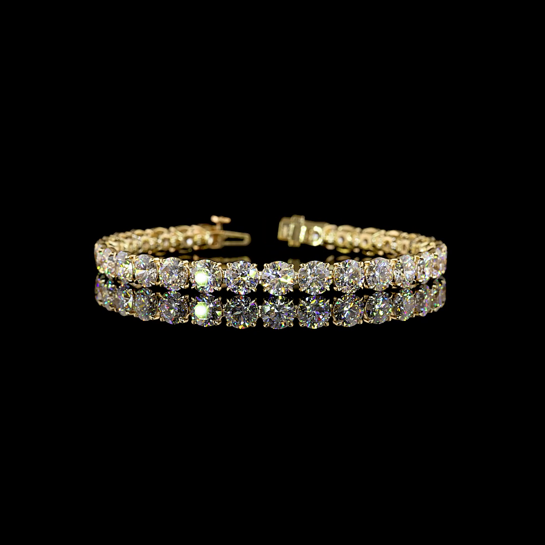 Lab-Grown 21.49 Carat Round E-F-VS1 Diamond 14K Yellow Gold Tennis Bracelet