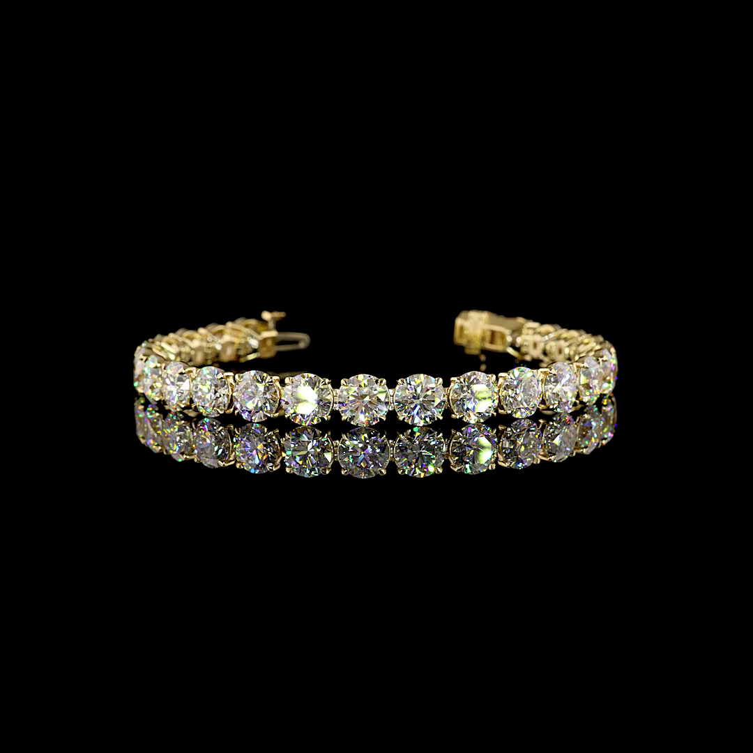 Lab-Grown 27.27 Carat Round D-VS1 Diamond 14K Yellow Gold Tennis Bracelet