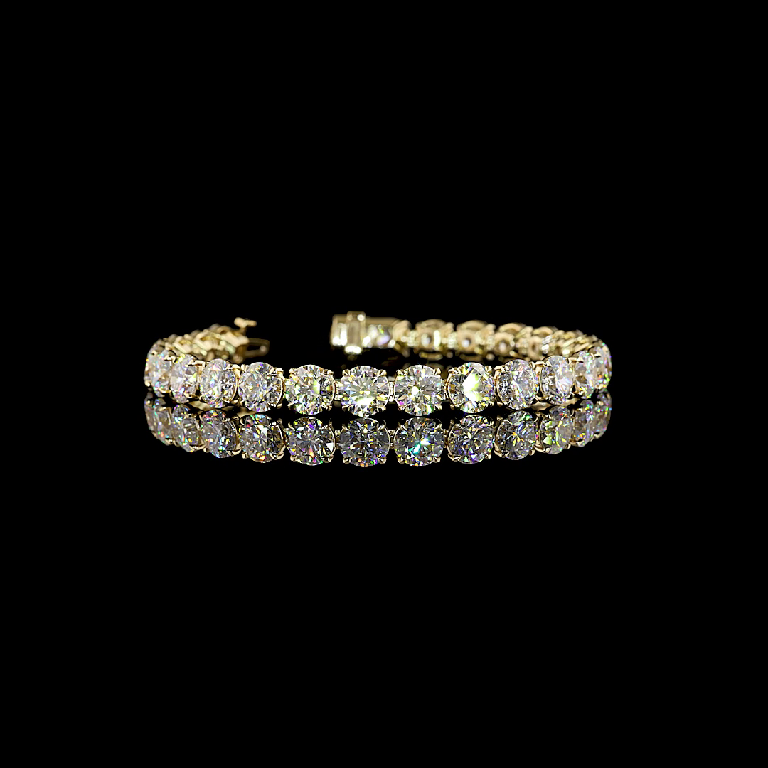 Lab-Grown 26.89 Carat Round E-F-VVS2 Diamond 14K Yellow Gold Tennis Bracelet