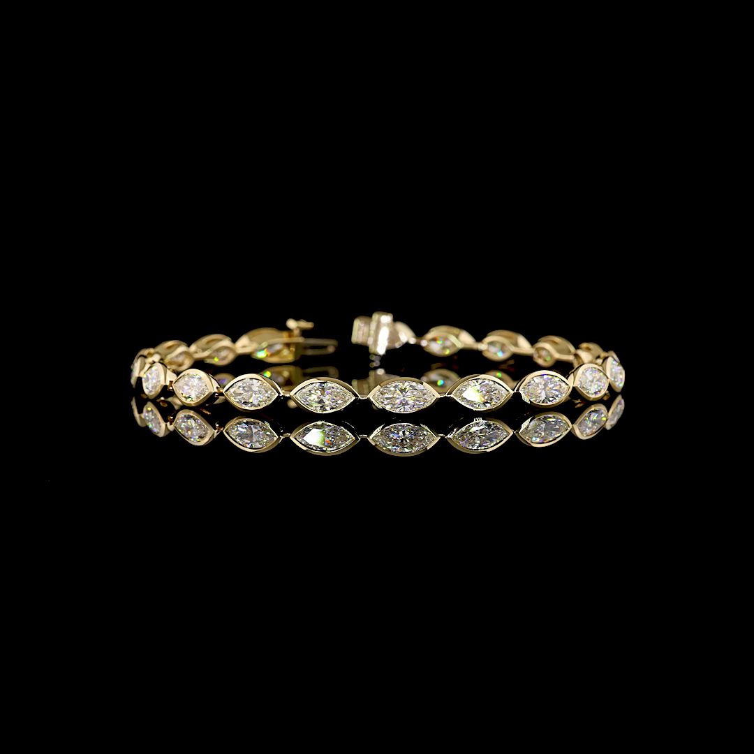 Lab-Grown 7.32 Carat Marquise E-F-VS1 Diamond 14K Yellow Gold Tennis Bracelet