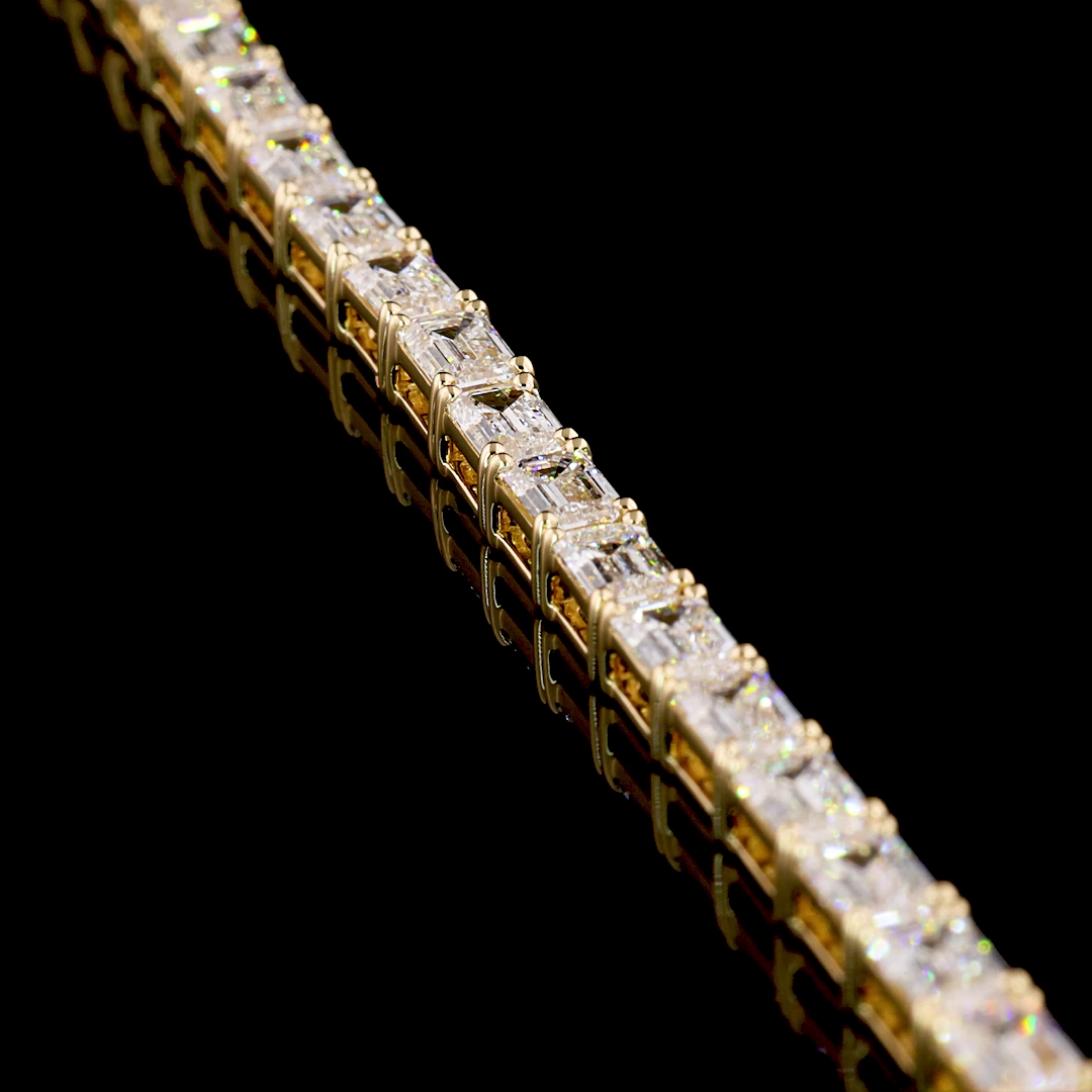 Lab-Grown 6.87 Carat Emerald E-VS1 Diamond 14K Yellow Gold Tennis Bracelet