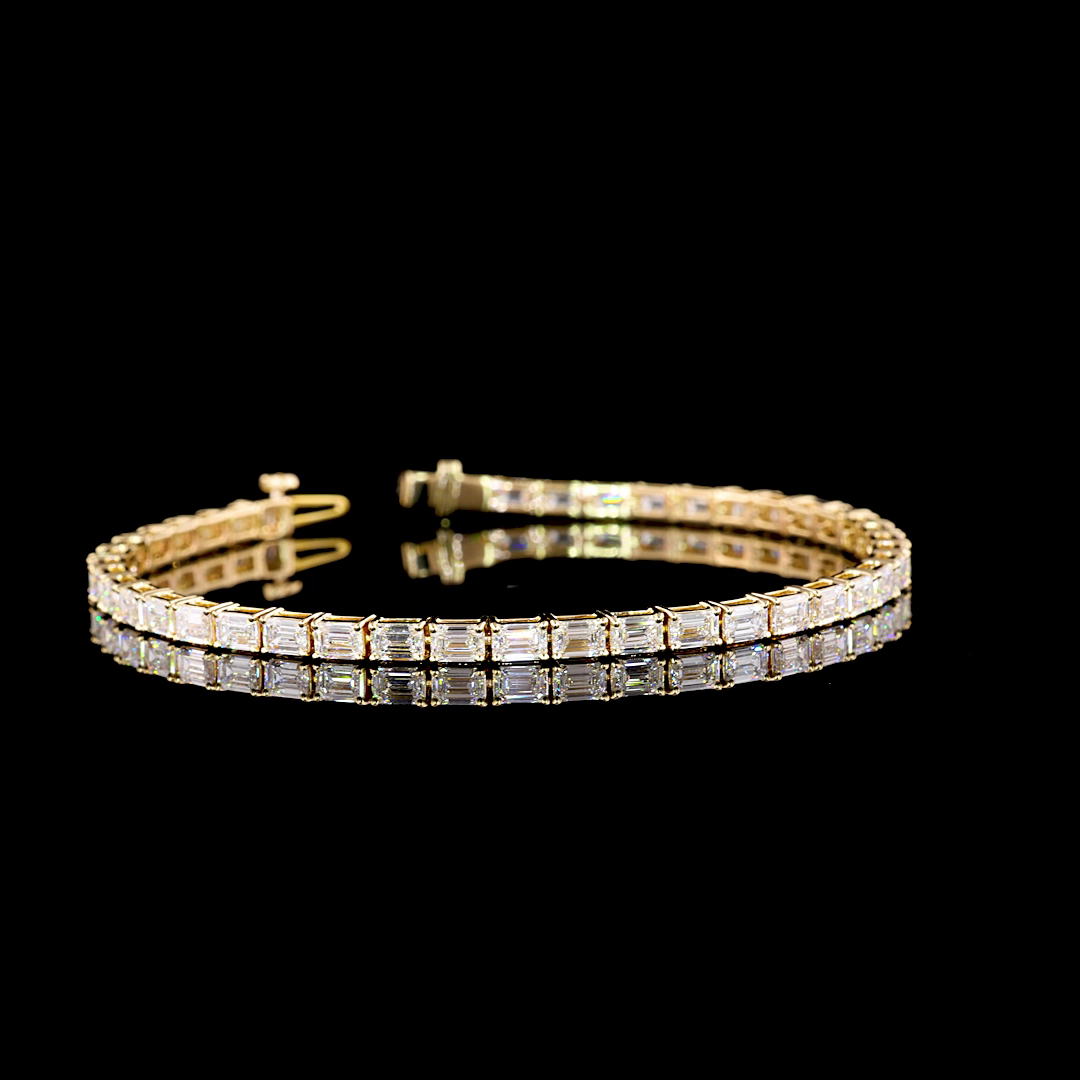 Lab-Grown 6.87 Carat Emerald E-VS1 Diamond 14K Yellow Gold Tennis Bracelet