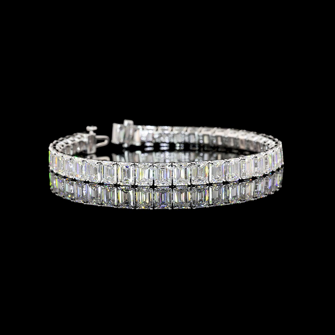 Lab-Grown 25.14 Carat Emerald E-F-VS2 Diamond 14K White Gold Tennis Bracelet
