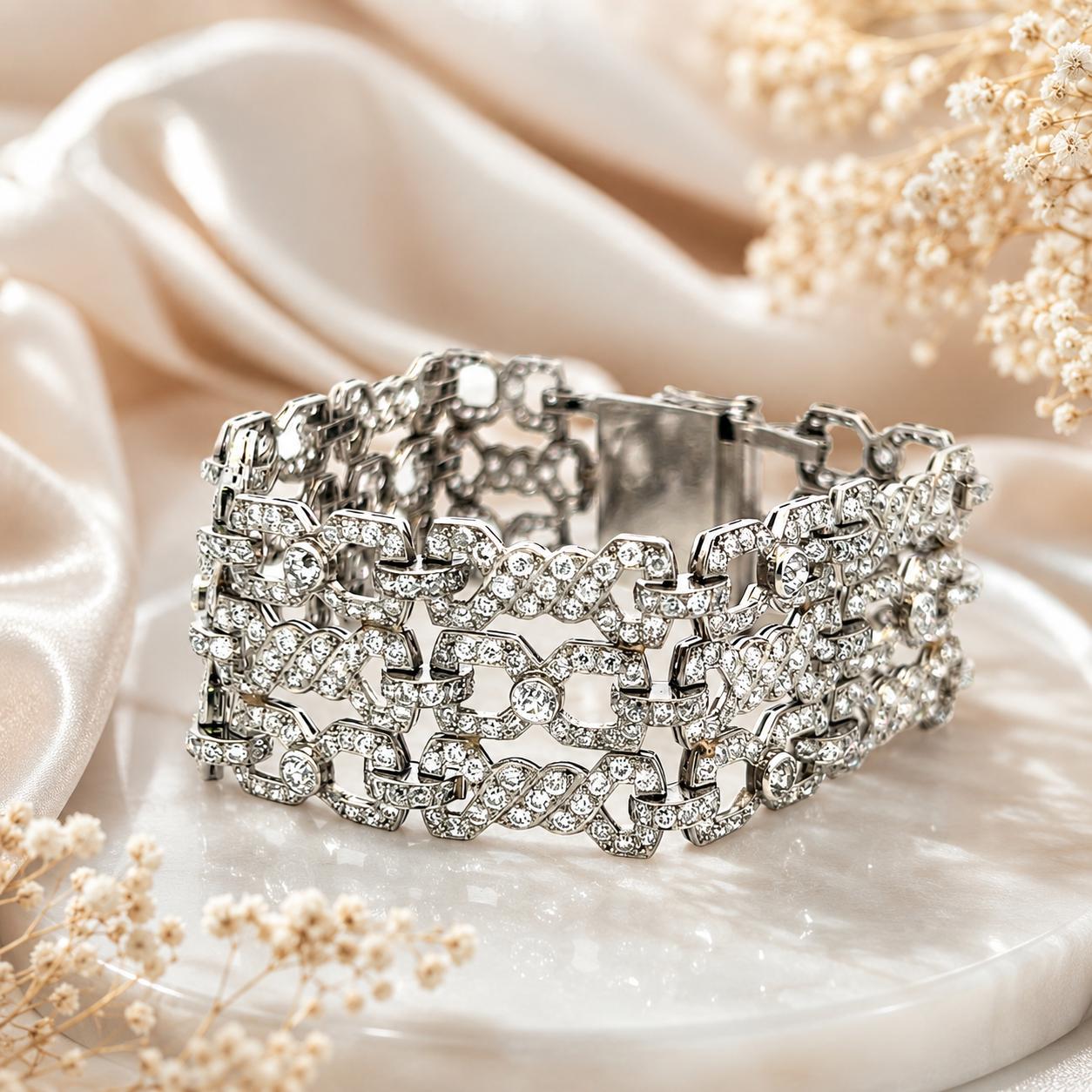 Vintage 18K White Gold Link Bracelet with 11.5 Carat Round G-VS Diamonds