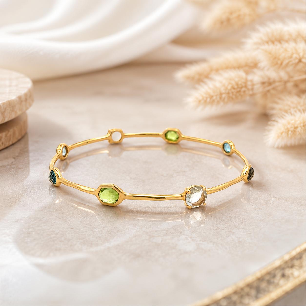 Ippolita 18K Yellow Gold Bangle Bracelet 6ct Aqua Marine and 2.5 Carat Peridot