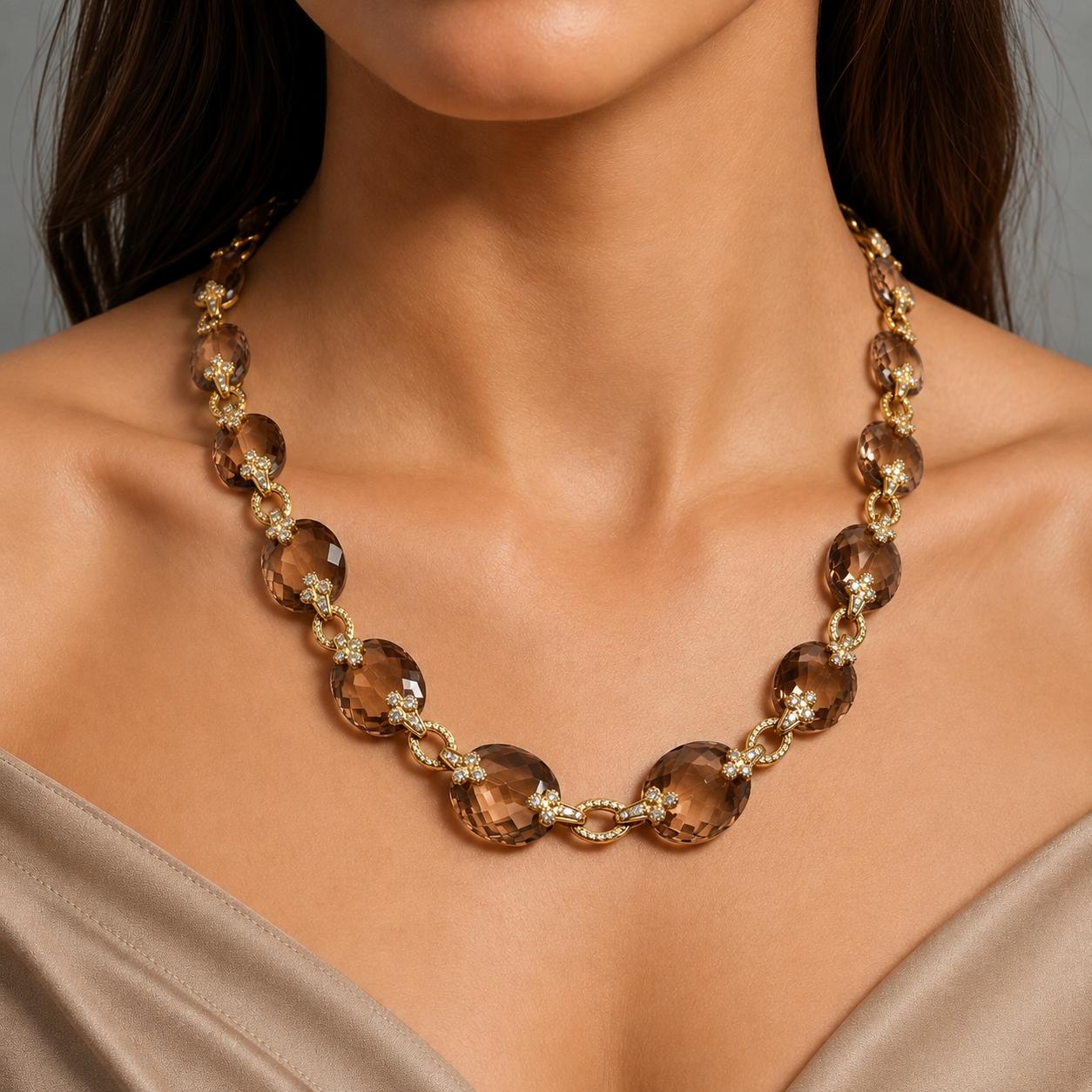 Judite Ripka 18K YG Link Necklace with 2.93 Carat Round F VS Diamonds & Citrine
