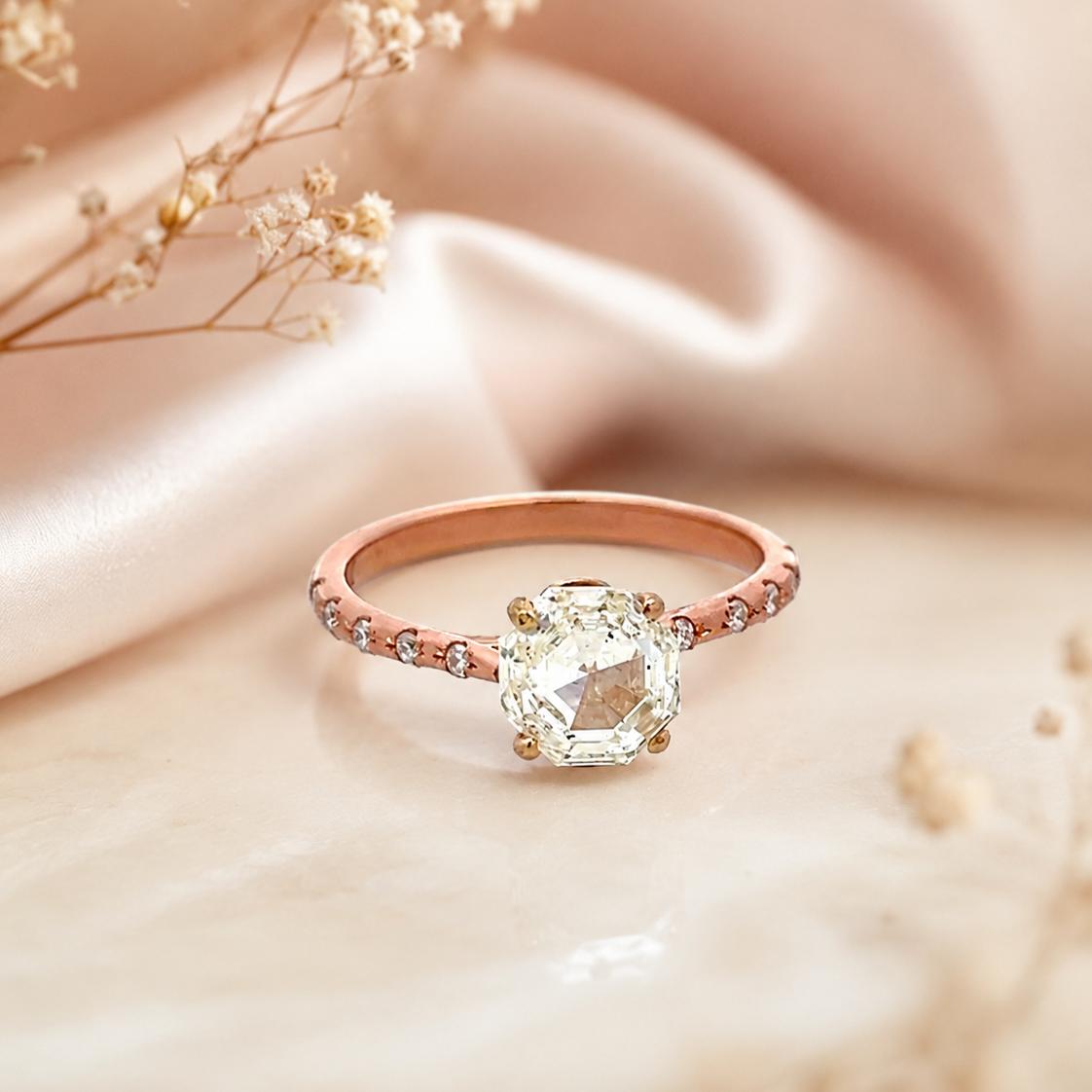 14K Rose Gold Engagement Ring 1.75 Carat Octagonal & Round Diamonds J SI2 GIA