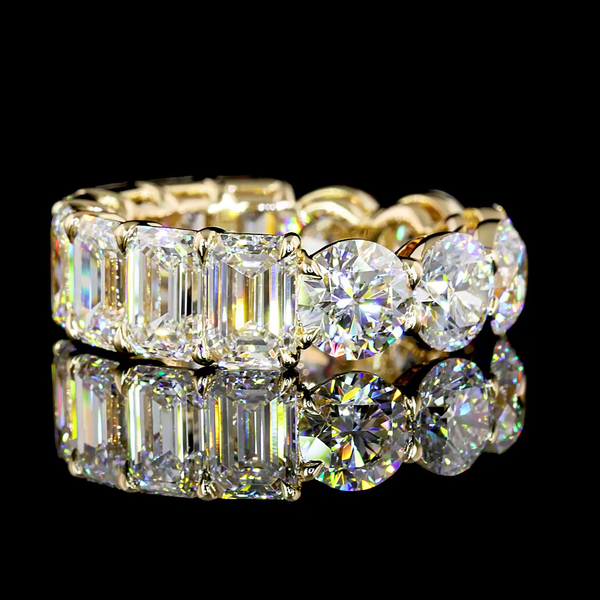 Lab-Grown 10.72 Carat Emerald E-VS Diamond 14K Yellow Gold Eternity Band Eternit