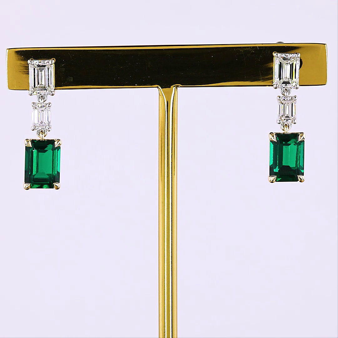 Lab-Grown 1.31 Carat Emerald -VS1 Diamond 14K Two Tone Hanging Earrings