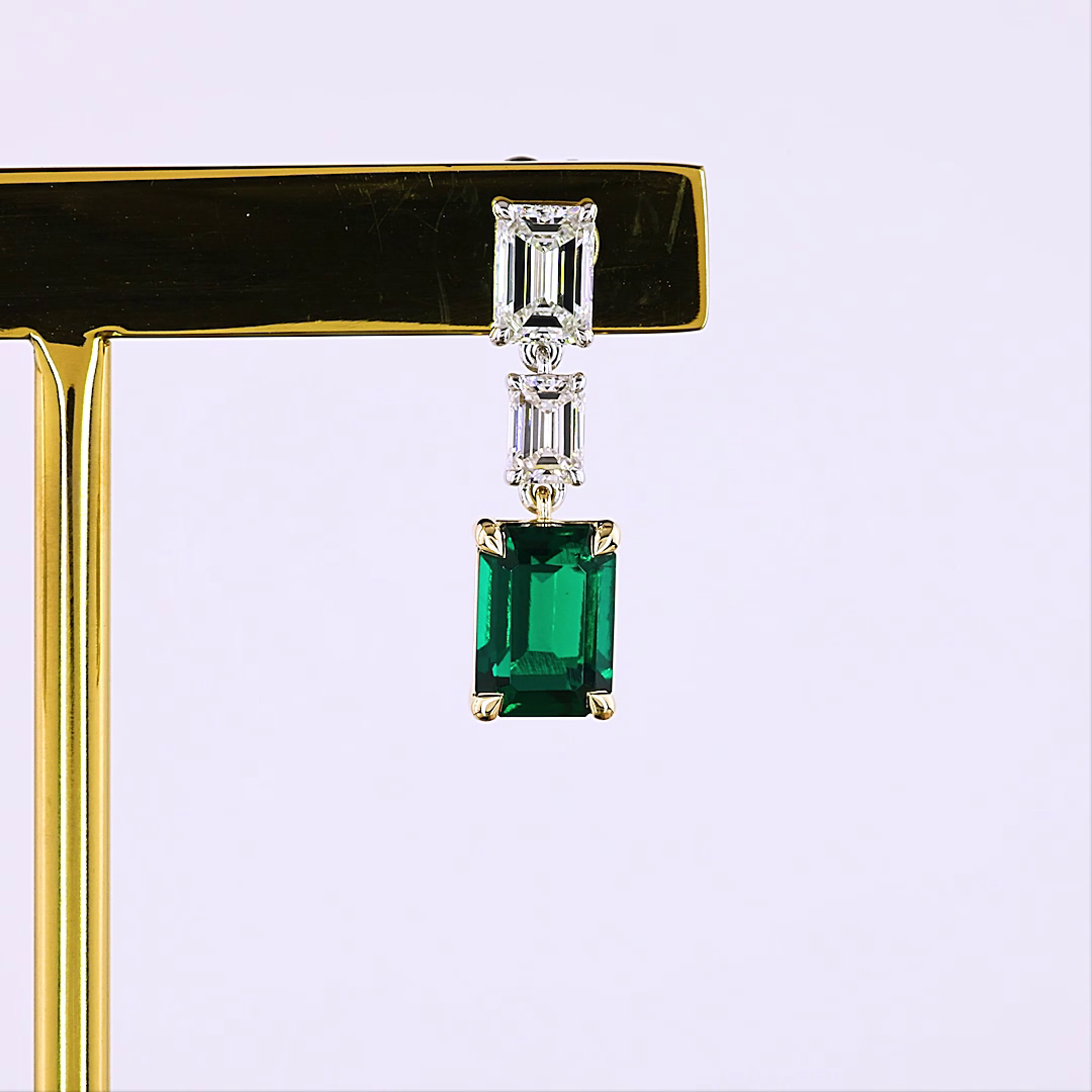 Lab-Grown 1.31 Carat Emerald -VS1 Diamond 14K Two Tone Hanging Earrings