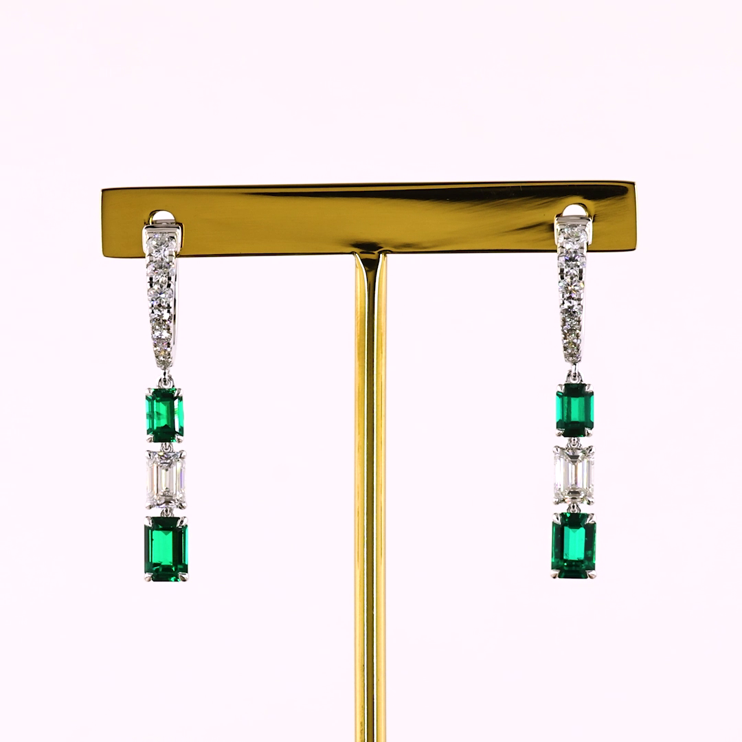 Lab-Grown 1.36 Carat Emerald E-VS Diamond 14K White Gold Hanging Earrings