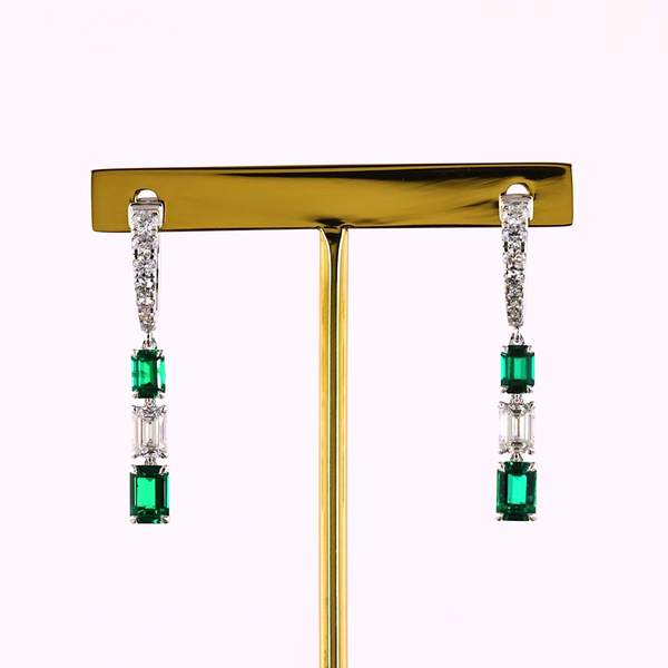 Lab-Grown 1.36 Carat Emerald E-VS Diamond 14K White Gold Hanging Earrings
