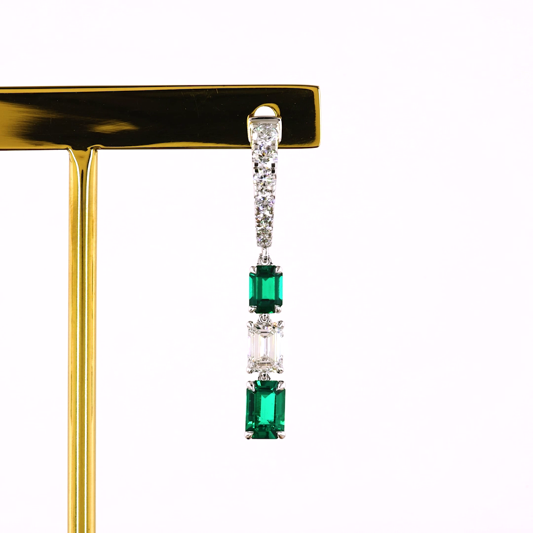 Lab-Grown 1.36 Carat Emerald E-VS Diamond 14K White Gold Hanging Earrings