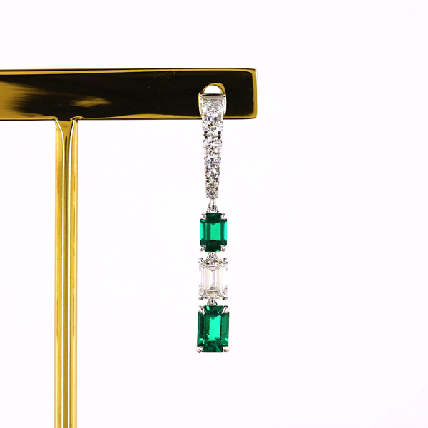 Lab-Grown 1.36 Carat Emerald E-VS Diamond 14K White Gold Hanging Earrings