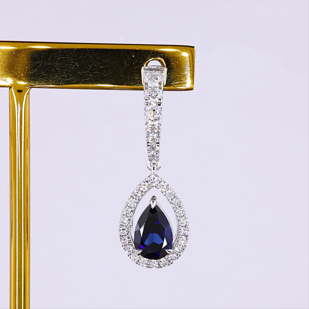Lab-Grown 1 Carat Pear Blue-VS2 Diamond 14K White Gold Hanging Earrings
