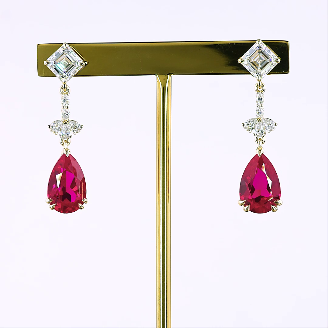 Lab-Grown 2.55 Carat MIX Rubby-VS1 Diamond 14K Yellow Gold Hanging Earrings