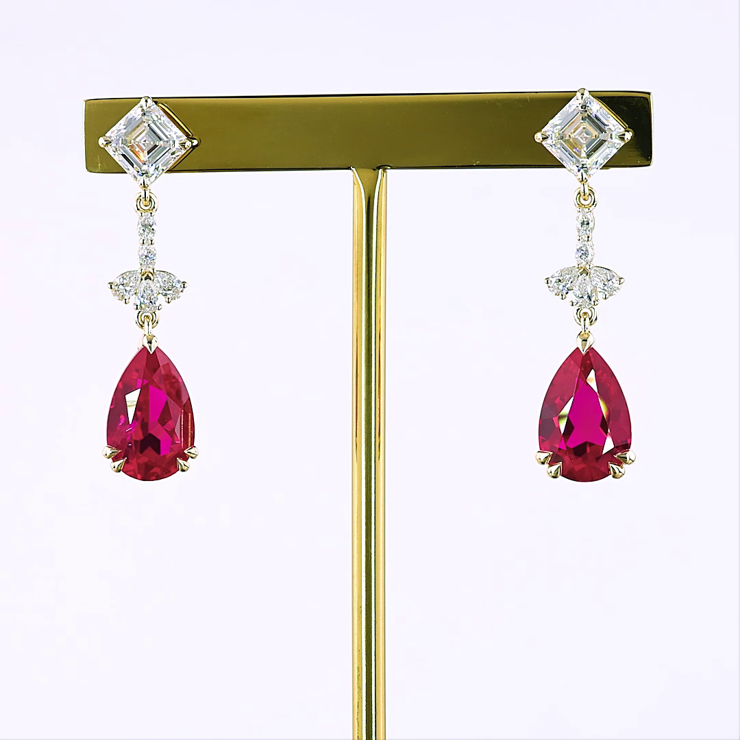 Lab-Grown 2.51 Carat MIX Rubby-VS1 Diamond 14K Yellow Gold Hanging Earrings