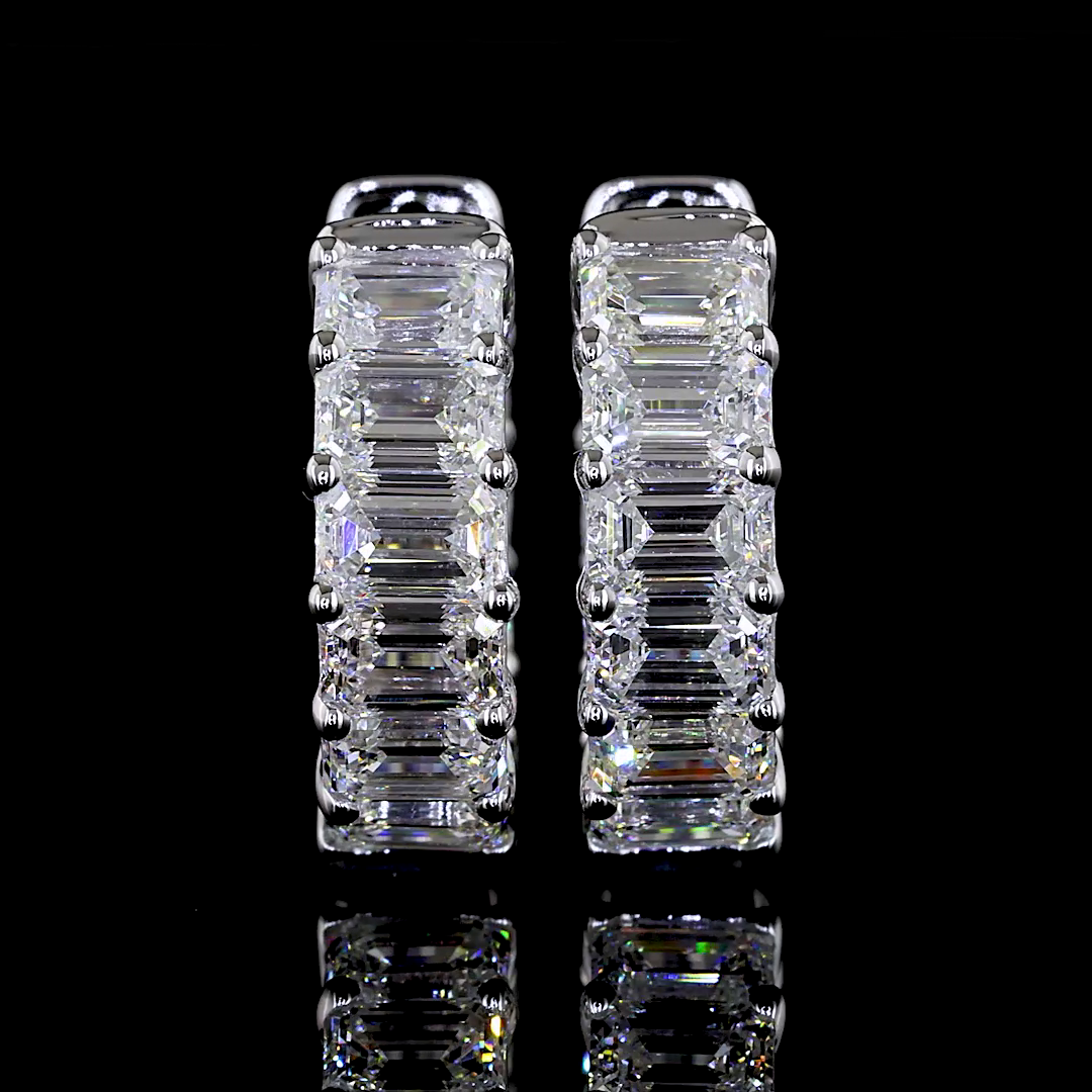 Lab-Grown 3.06 Carat Emerald E-VS Diamond 14K White Gold Huggies Earrings