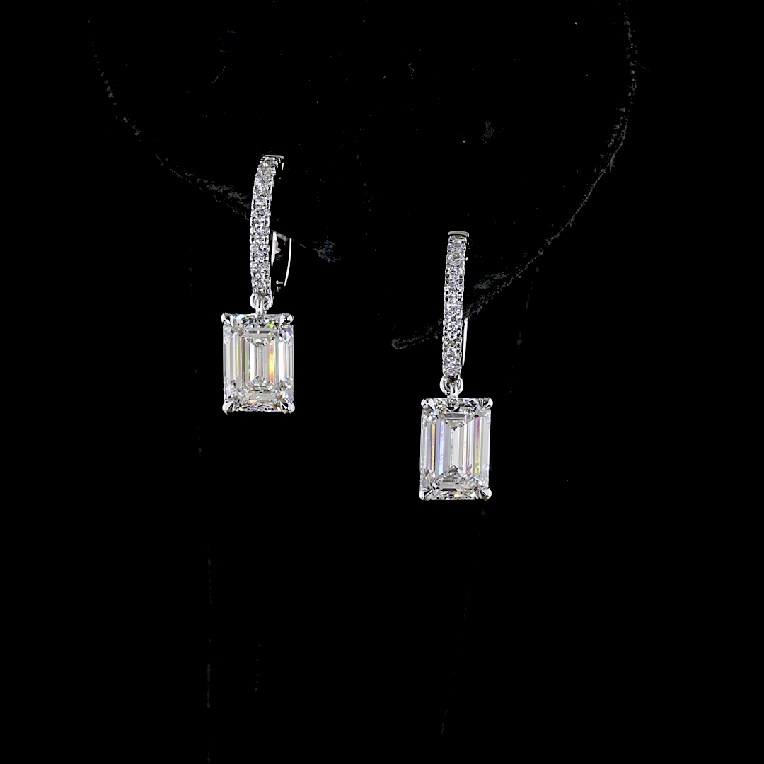Lab-Grown 3.19 Carat Emerald E-VS2 Diamond 14K White Gold Hanging Earrings