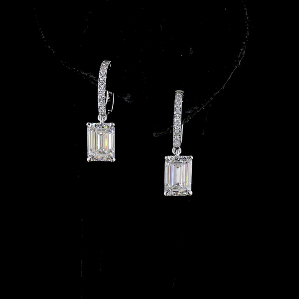Lab-Grown 3.19 Carat Emerald E-VS2 Diamond 14K White Gold Hanging Earrings