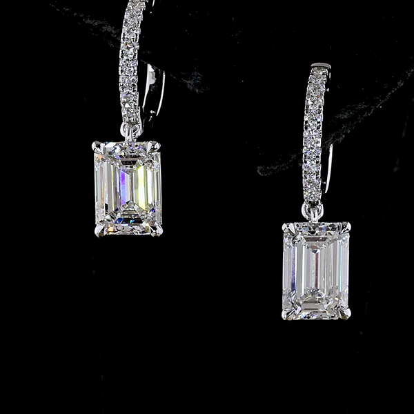 Lab-Grown 3.19 Carat Emerald E-VS2 Diamond 14K White Gold Hanging Earrings