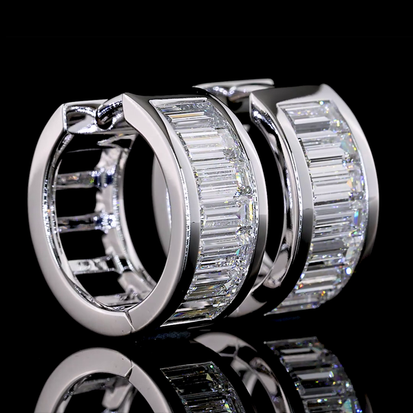 Lab-Grown 1.84 Carat Baguette E-VS Diamond 14K White Gold Huggies Earrings
